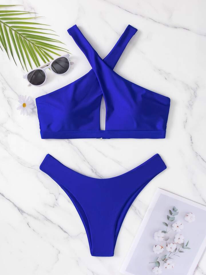 SHEIN Swim Vcay Solid Bikini Set Cross Neck Bra & High Cut Bottom 2 Piece Bathing Suit | SHEIN
