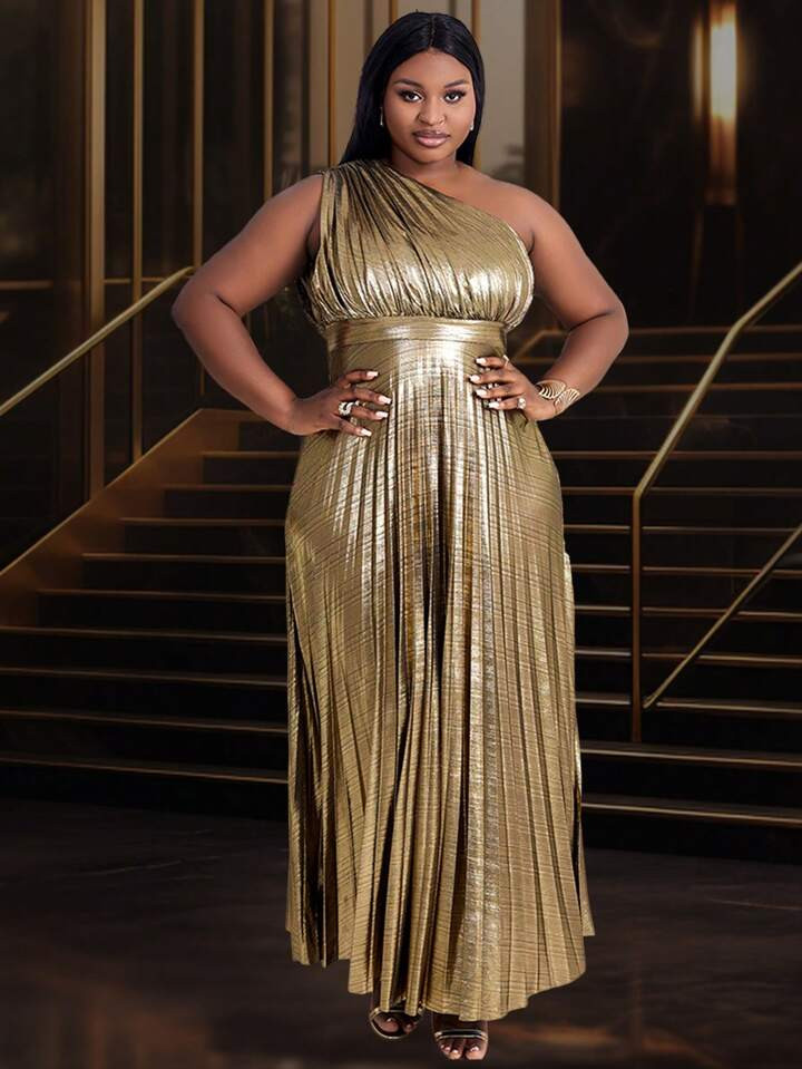 Plus One Shoulder Metallic Pleated Maxi Dress | SHEIN