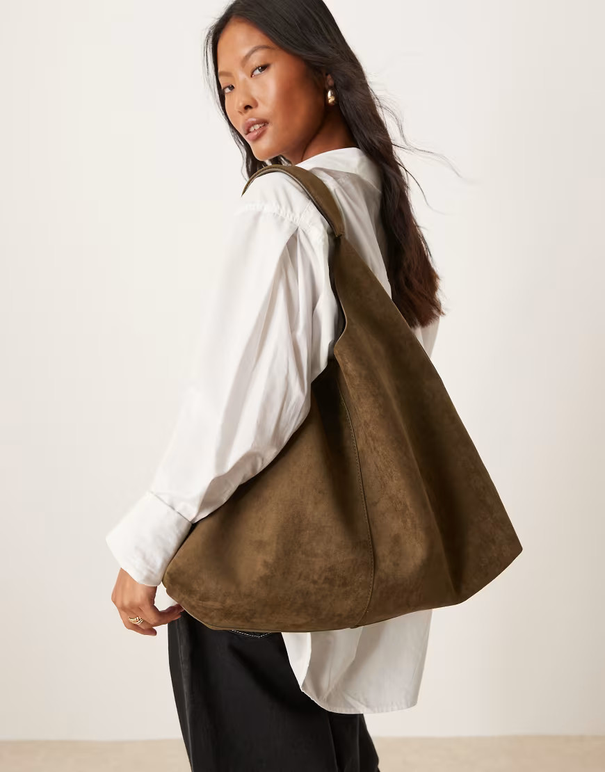 ASOS DESIGN Faux Suede scoop tote bag in khaki-Green | ASOS (Global)