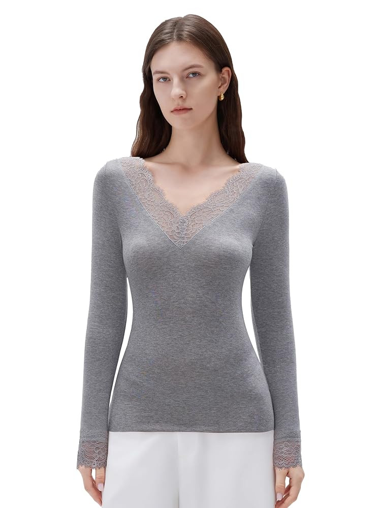SUUKSESS Cloud Cashmere Women Basic Tops V Boat Neck Lace Long Sleeve Shirt | Amazon (US)