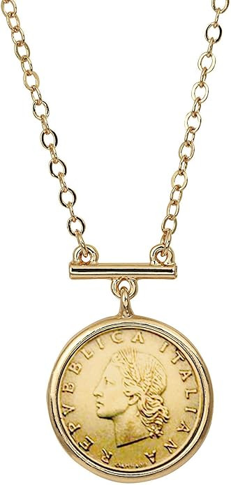 Italian 20 Lira Coin Pendant Bar Necklace | Goldtone Flat Cable | 18 Inch 3 Inch Extender with Lo... | Amazon (US)