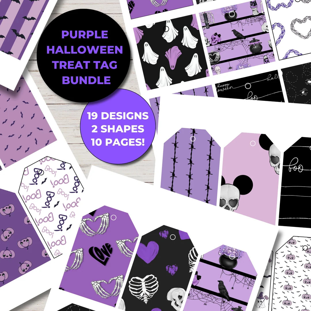 Purple Halloween Tags, Treat Tags Halloween, Goth Baby Shower, Halloween Tags Printable, Printabl... | Etsy (US)
