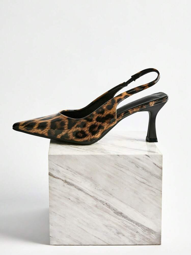 Leopard Print Brown Stiletto Women's Shoes With Pointed Toe, Cut-Out Heels, And Ankle Strap | SHEIN