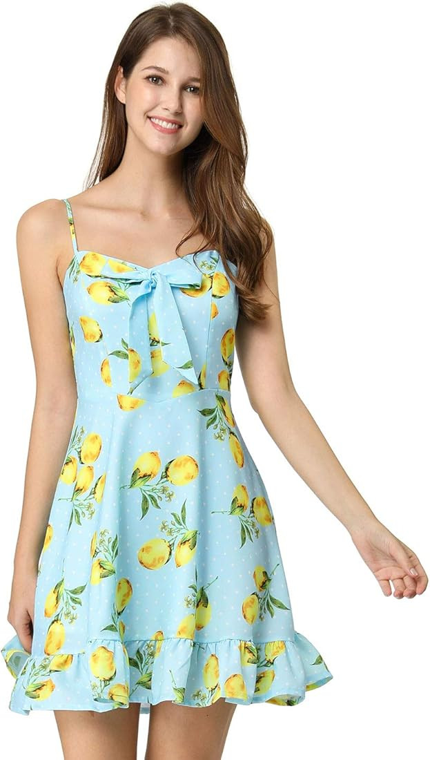 Allegra K Women's Ruffle Bow Knot Mini Sundress Lemon Spaghetti Strap Dress | Amazon (US)