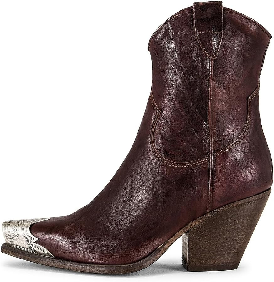 Women's Cowboy Cowgirl Metal Toe Ankle Boots Stacked Block Heel Short Boots | Amazon (US)