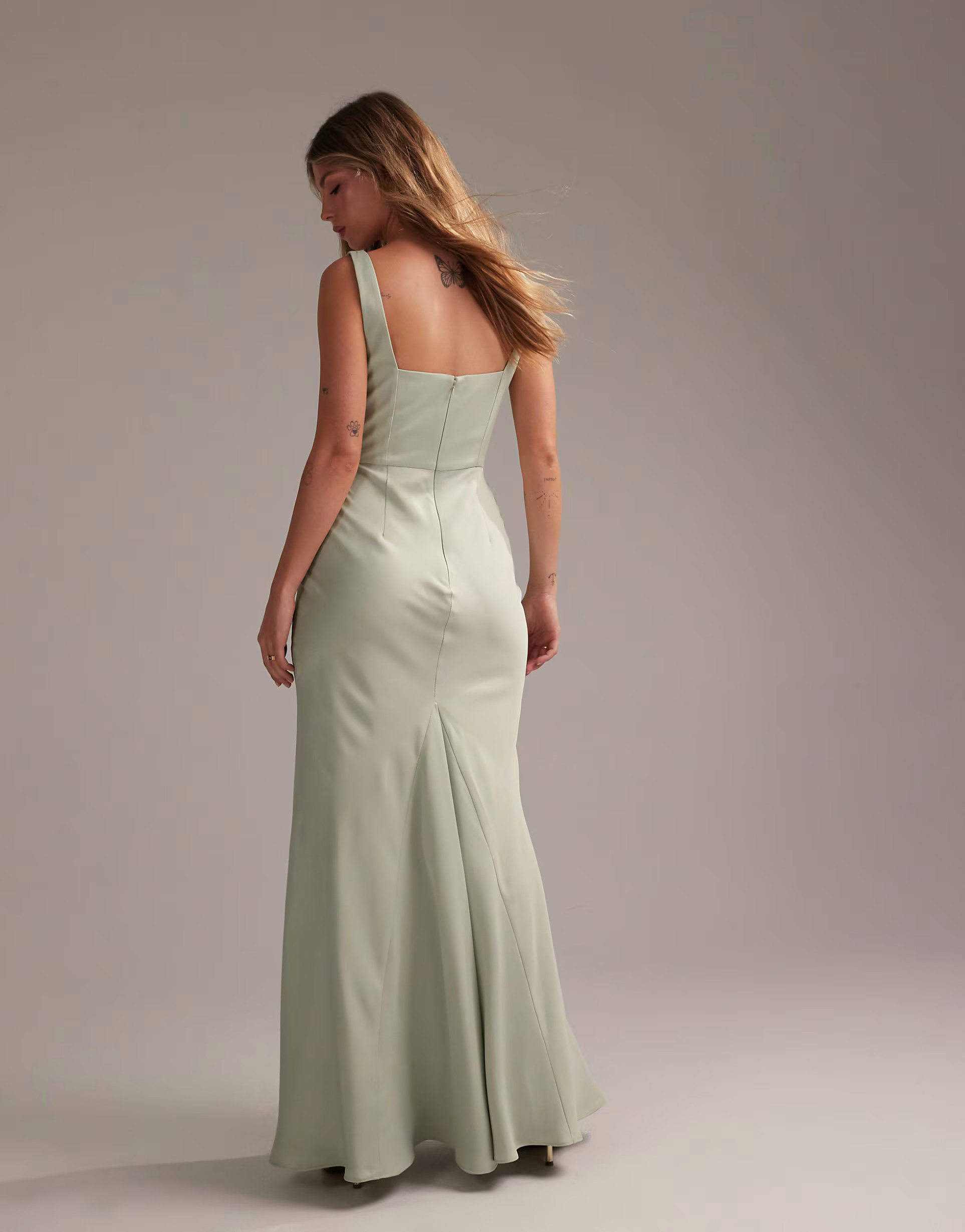 ASOS DESIGN Bridesmaid satin square neck maxi dress in light green | ASOS (Global)