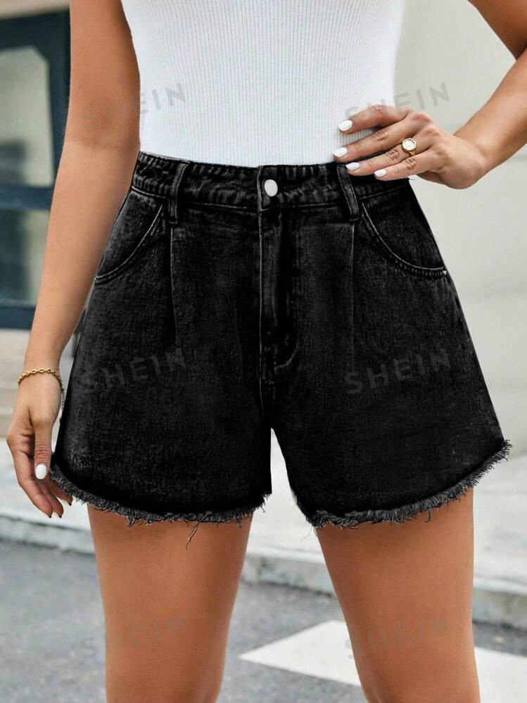 SHEIN Essnce Women's Pleated Casual Wide Leg Denim Shorts With Pockets | SHEIN