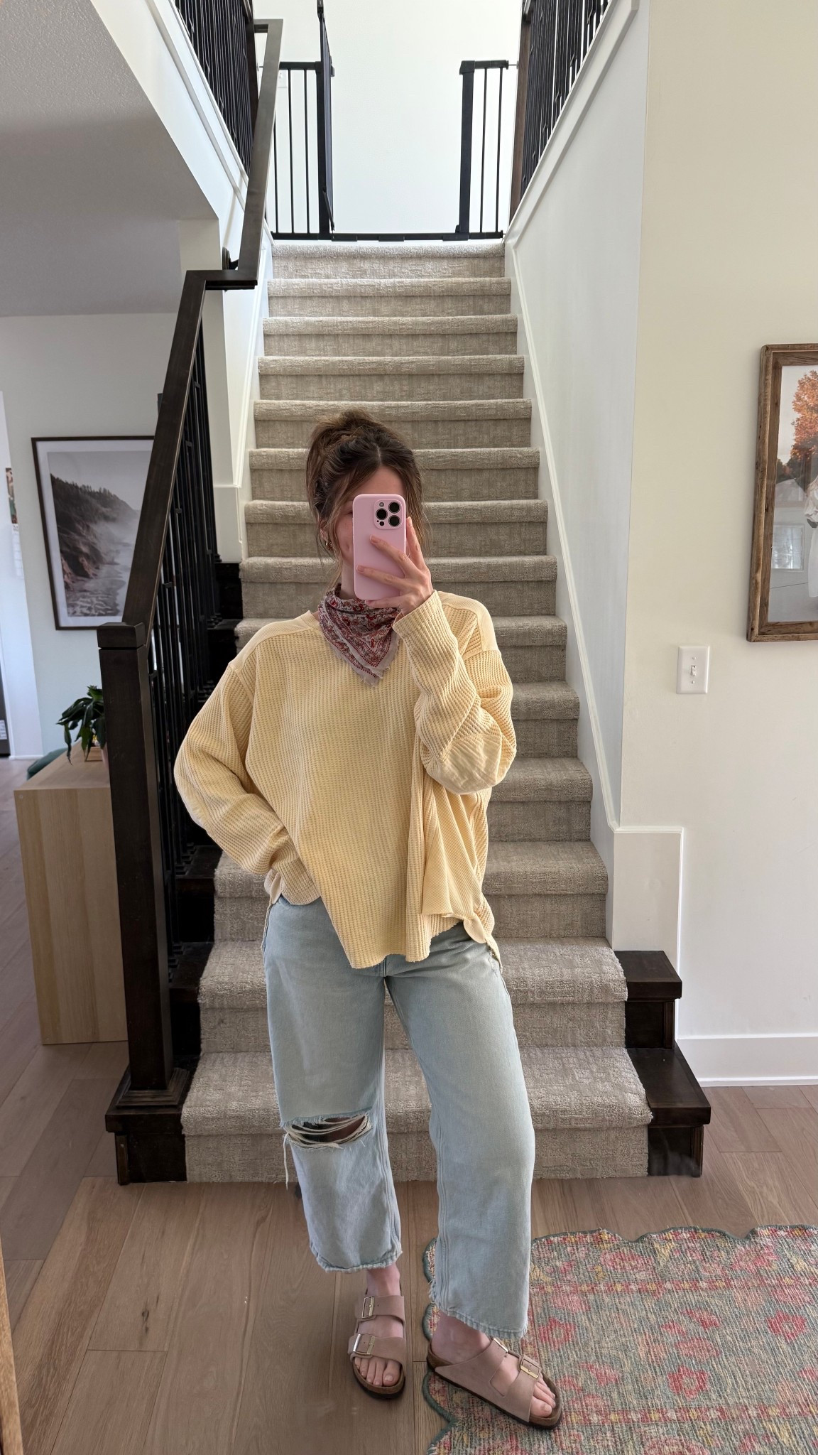 wearing small in top, one of my faves! sized up 2 in jeans postpartum! Neck scarf is such a fun addition and pop of another color! 

Spring outfit 

#LTKmomlife #LTKootd