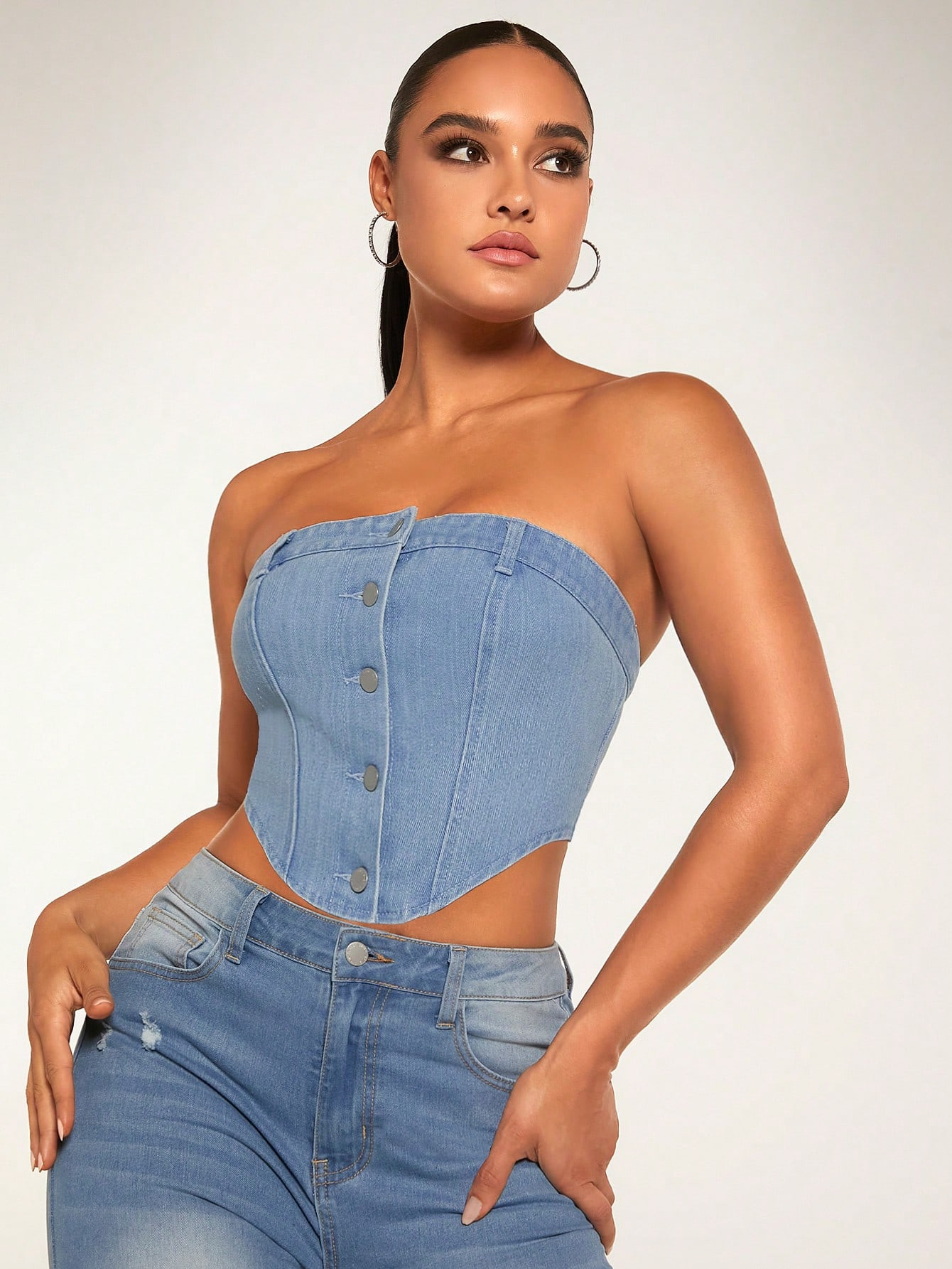 SHEIN BAE Button Front Bandana Hem Tube Denim Top | SHEIN