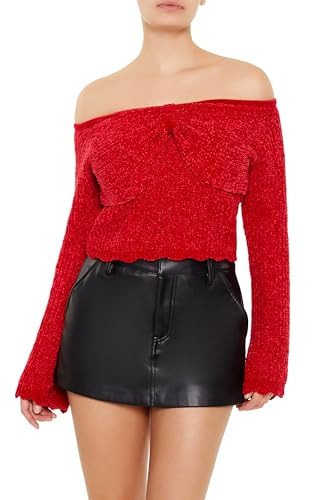 Forever 21 Women's Off-The-Shoulder Bow Sweater Red Large | Amazon (US)