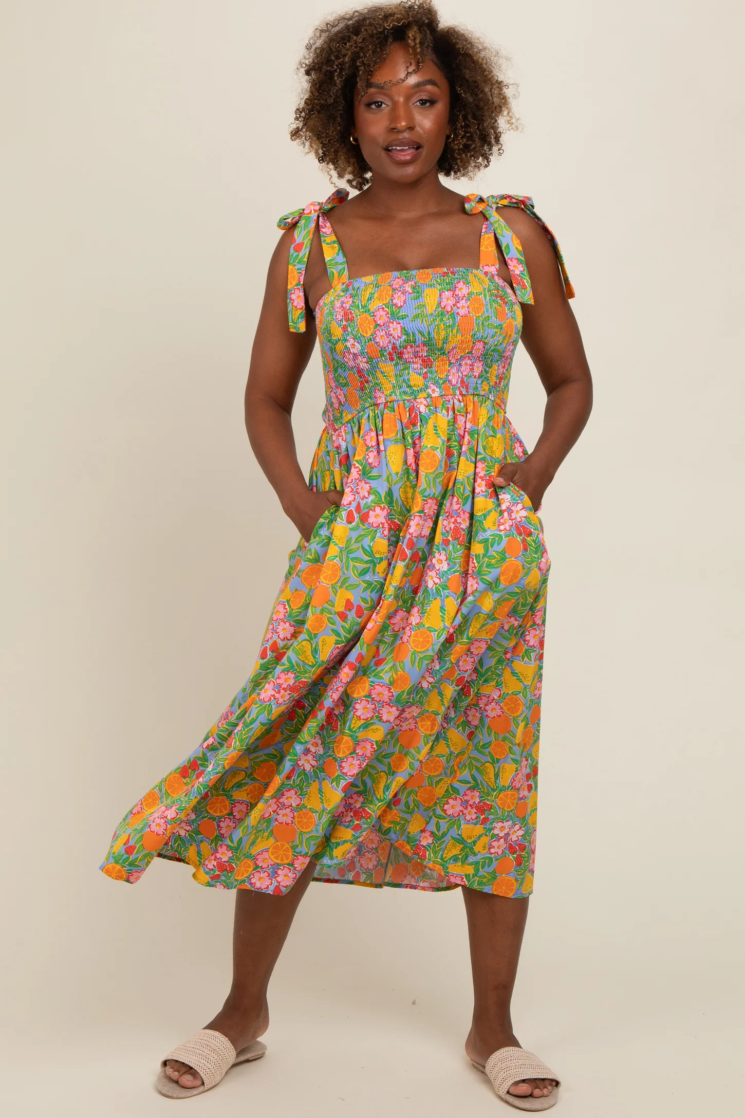 Periwinkle Floral Smocked Shoulder Tie Maxi Dress | PinkBlush Maternity