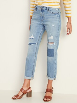 Mid-Rise Distressed Boyfriend Straight Jeans for Women | Old Navy (US)