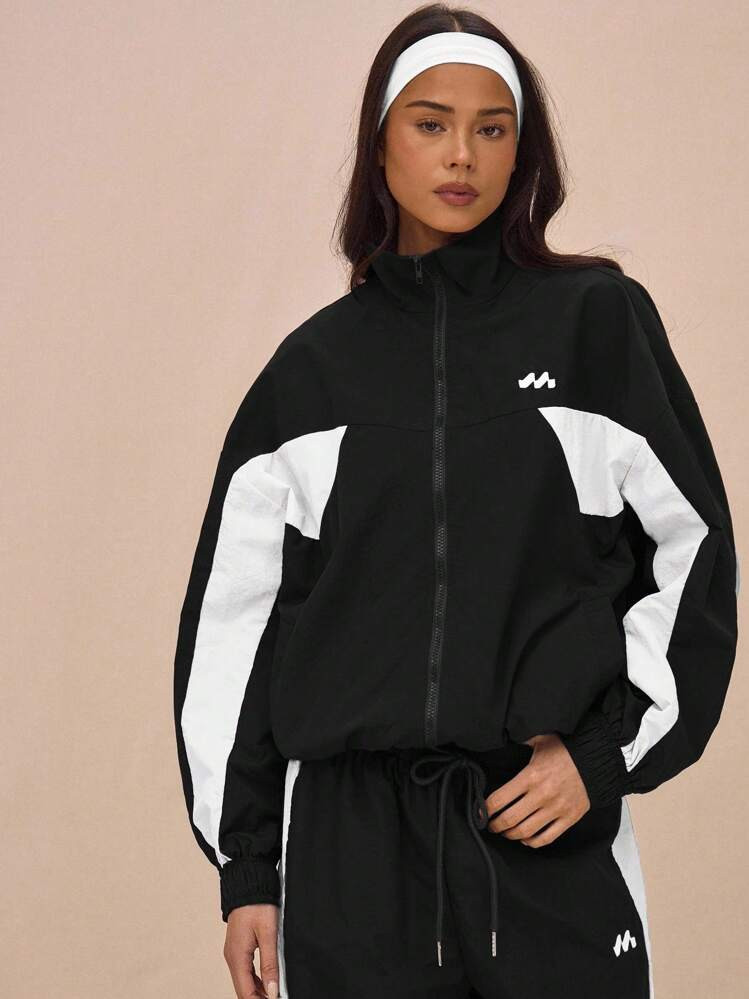 MUSERA Oversized Collared Nylon Track Jacket Contrast Panel Full Zip Through Top Only The Book Shop Oversized Airport Sporty Festival Fall Autumn Winter Christmas | SHEIN