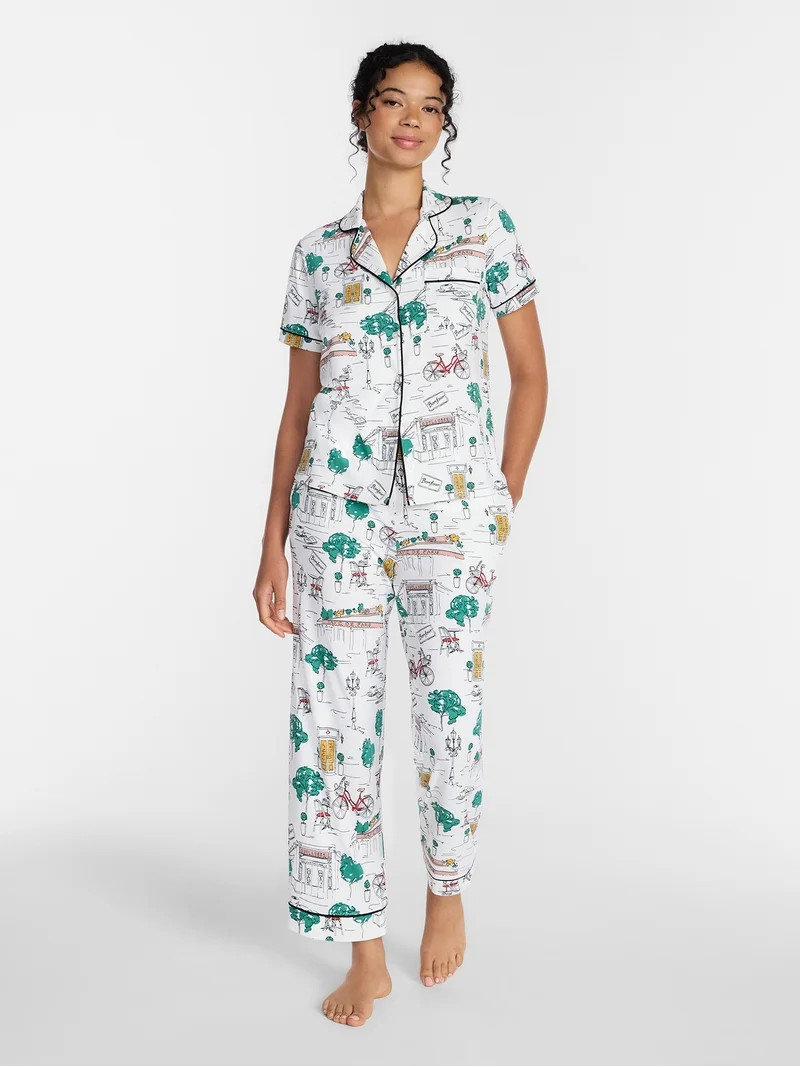 Joyspun Women's Dreamy Soft Collection Notch Collar Top and Capri Pants Pajama Set, 2-Piece, Size... | Walmart (US)