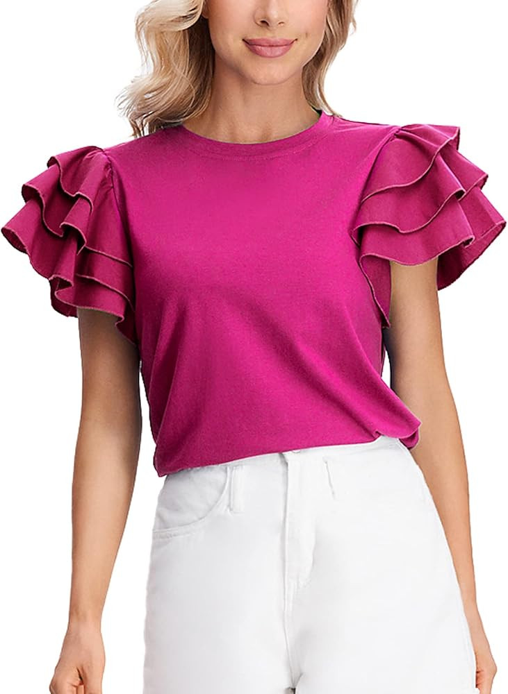 Verdusa Women's Layered Ruffle Butterfly Sleeve Round Neck Blouse Tee Top | Amazon (US)