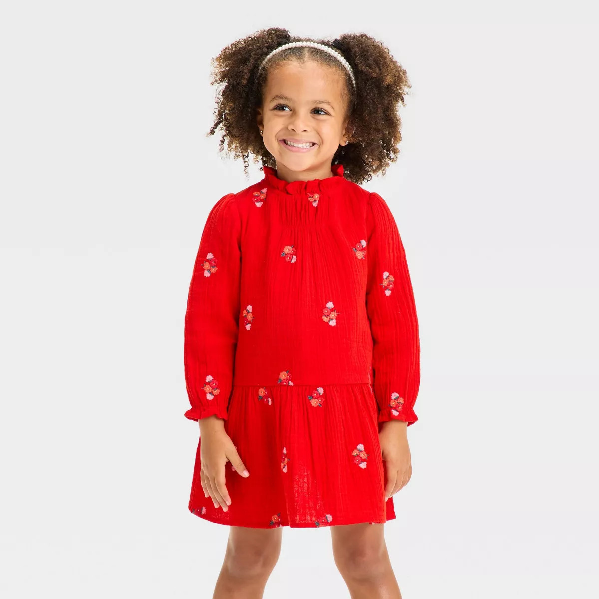 Toddler Girls' Long Sleeve Floral Embroidered Printed Dress - Cat & Jack™ Red 3T | Target