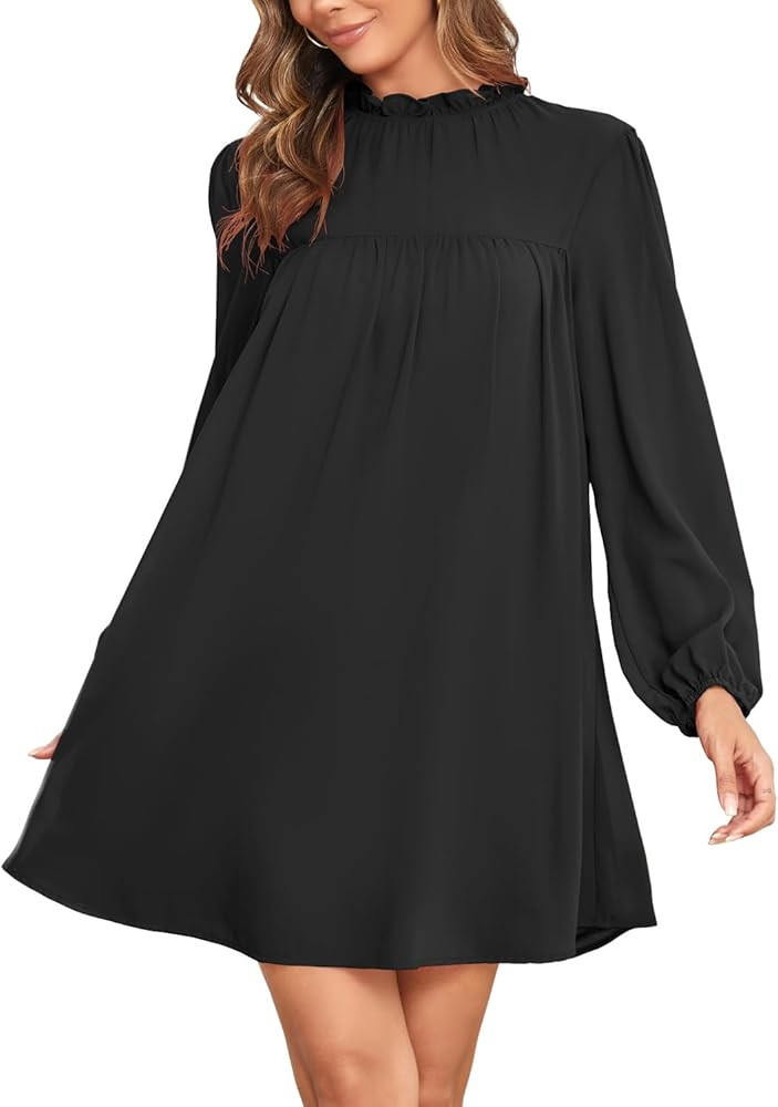 ISIHIEI Women's Frilled Mock Neck Long Sleeve Babydoll Dress Loose Flowy Pleated Casual Mini Swing C | Amazon (US)