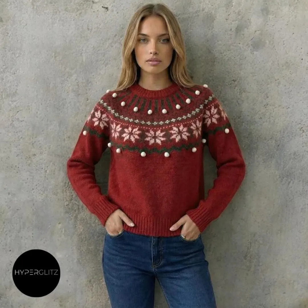Fair Isle Christmas Jumper with Pom Poms | Women’s Nordic Snowflake Knit Sweater for Winter | Etsy (US)