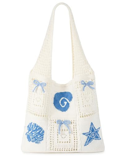 Abbylike Ocean Seashell Gift Bag Crochet Beach Bag Coquette Coastal Knitted Tote Blue Bow Starfish Mesh Boho Cute Tote for Women Girls Bachelorette Summer Vacation | Amazon (US)