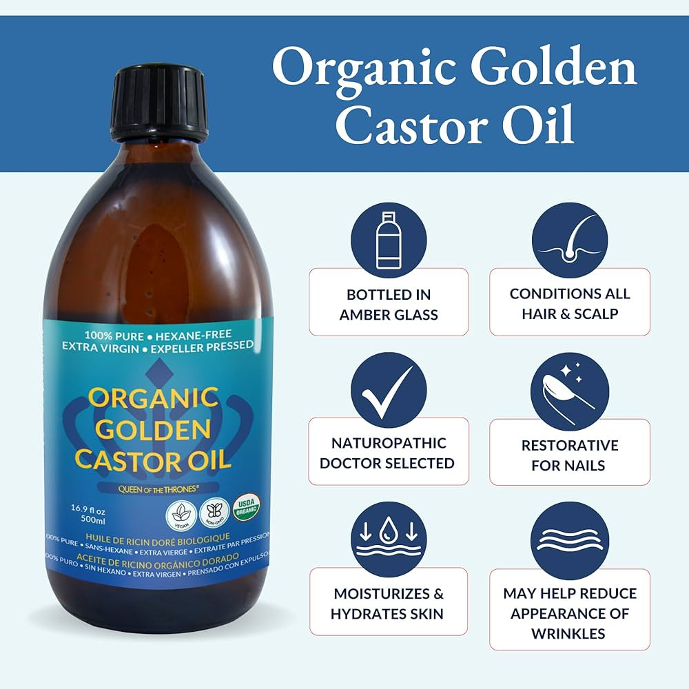 QUEEN OF THE THRONES Organic Golden Castor Oil - 500mL (16.9oz) | 100% Pure & Expeller Pressed fo... | Amazon (US)