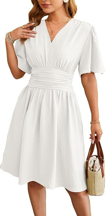 Women's Summer Ruched Wrap Dress Short Flare Sleeve V Neck Dresses Casual Midi Sundresses | Amazon (US)