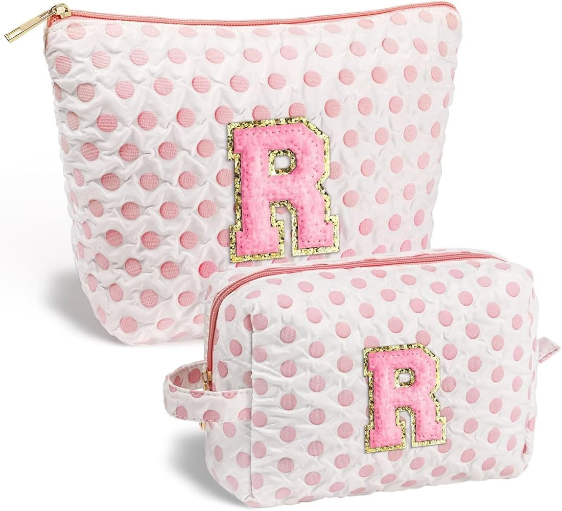 Cute Makeup Bag for Women - Personalized Pink White Initial Cosmetic Travel Bag for Women, Gifts ... | Amazon (US)