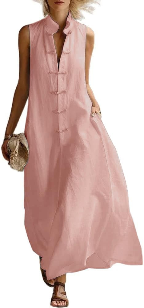 Linen Dress Women Spring Summer Cotton Frog Button Stand Collar Flowy Maxi Dress Sleeveless Cute Beach Sundress | Amazon (US)