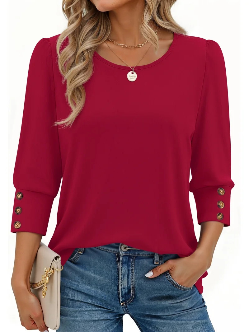 Fantaslook Womens Tops 3/4 Sleeve with Buttons Dressy Casual Blouses Summer Shirts Beach Vacation... | Walmart (US)