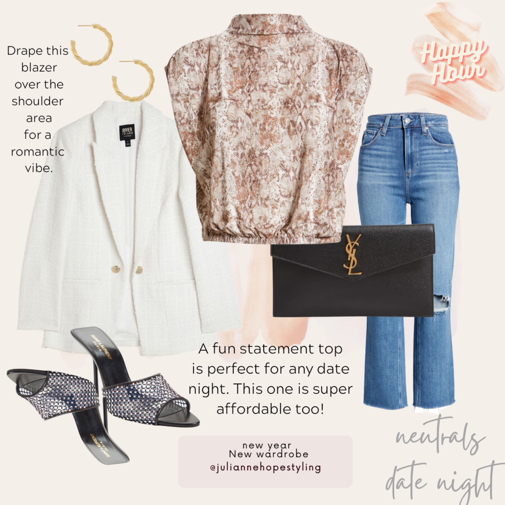 Date night, ysl heels, ysl clutch, gold hoops, blazer style 