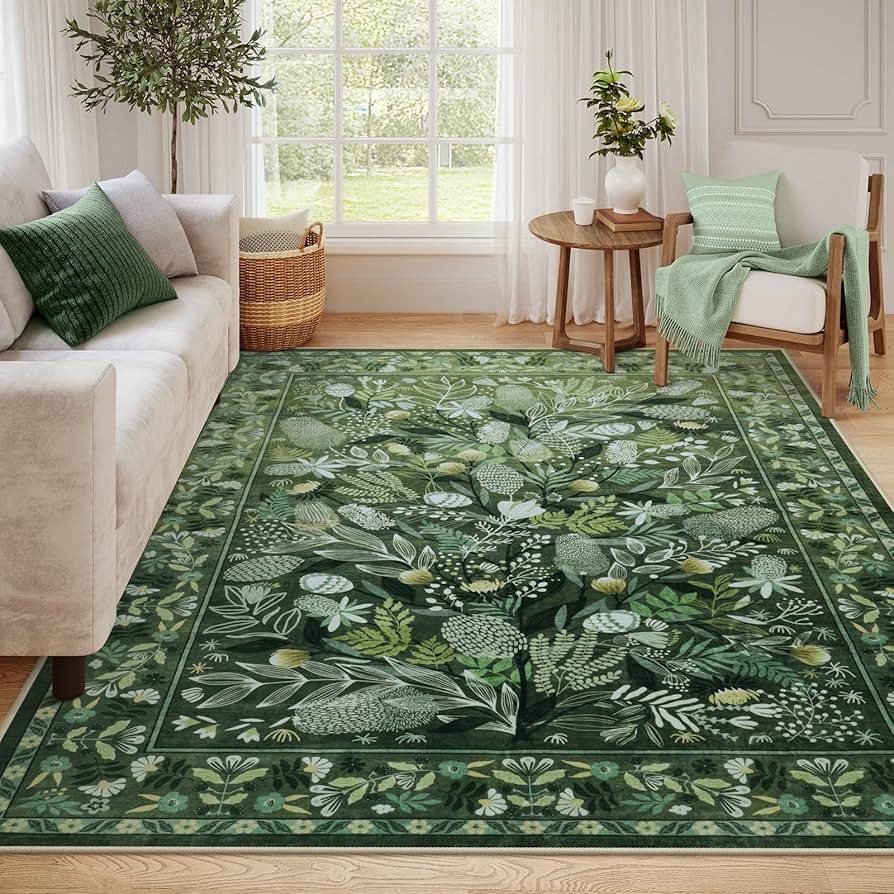 Anidaroel Green Large Area Rugs 8x10, Botanical Floral Washable Rug for Living Room, Soft Rug for... | Amazon (US)
