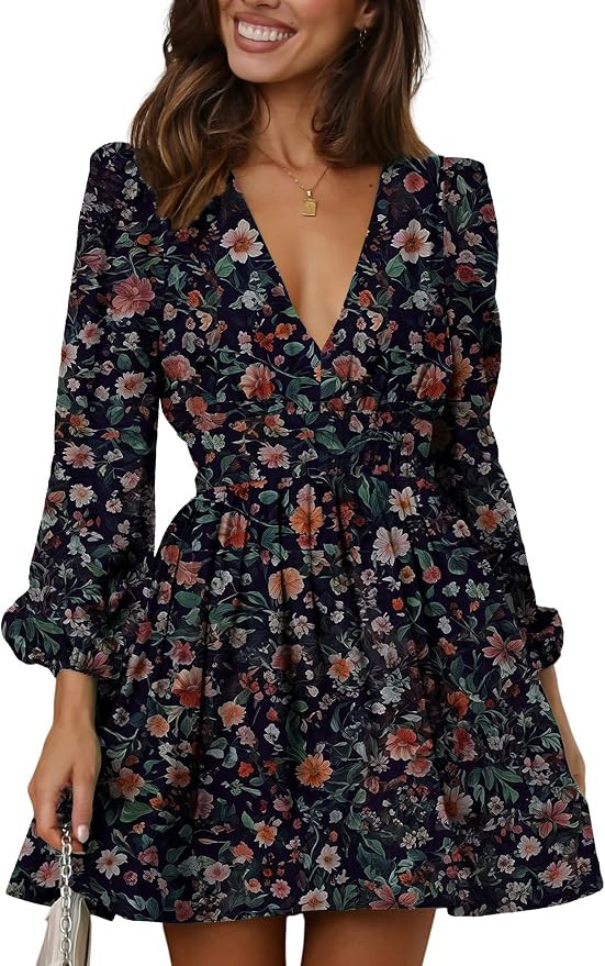 FAIABLE Mini Deep V Sexy Long Sleeve Dress for Women A-line High Waisted Casual Flowy Dress for C... | Amazon (US)