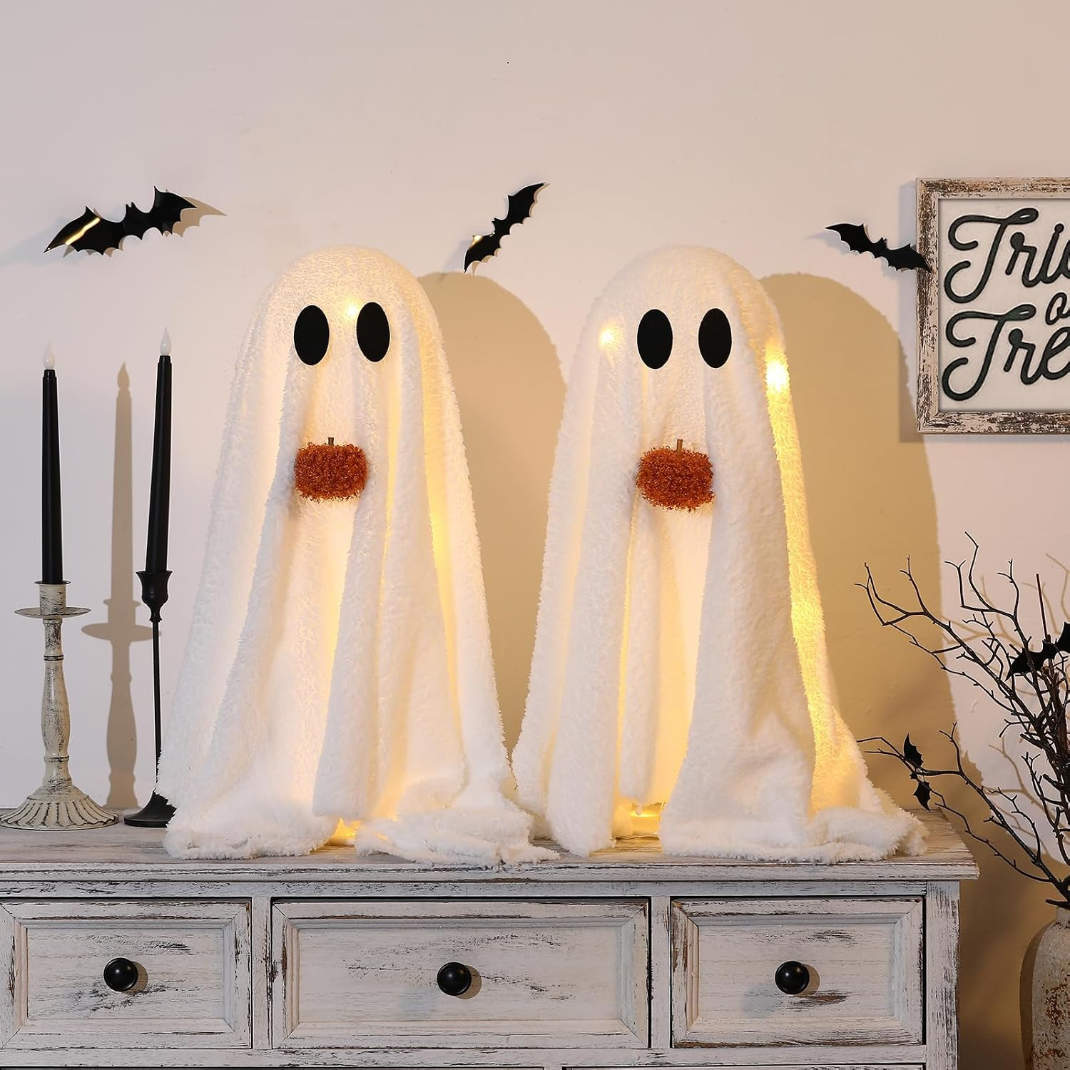 Halloween Decorations-2 Pack Light-Up Sherpa Ghosts with Pumpkin | Halloween Decor Indoor Cute Gh... | Amazon (US)