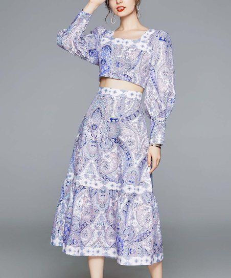 White & Blue Scarf Print Balloon Sleeve Crop Top & A-Line Skirt - Women | Zulily