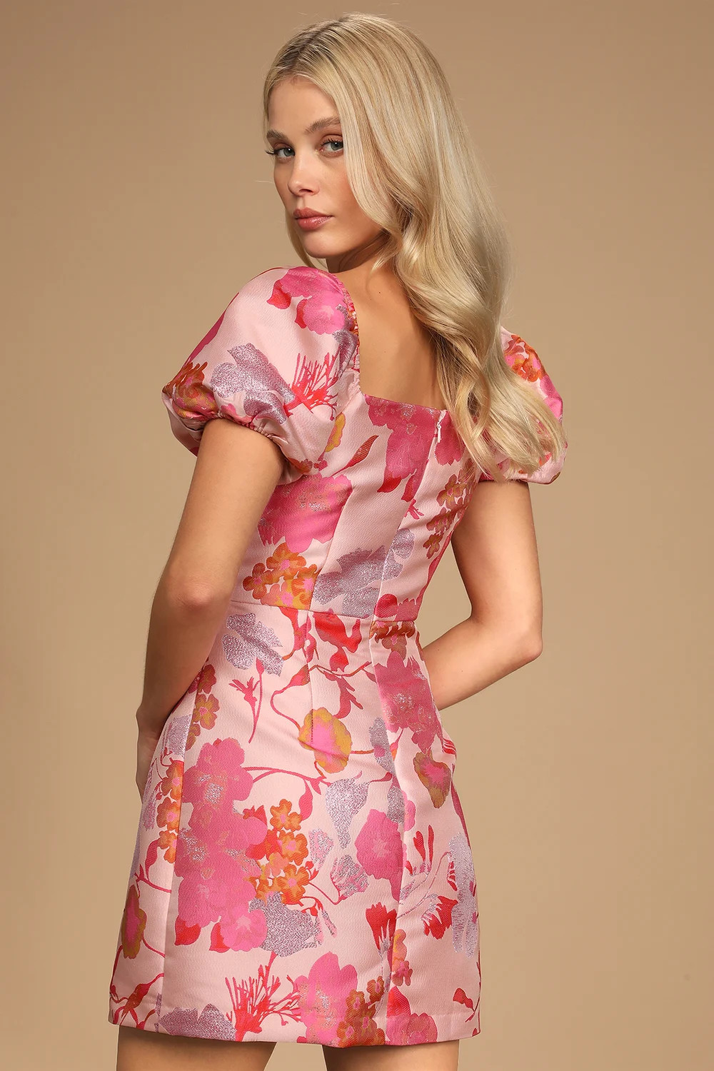 So Stunning Orange Multi Floral Jacquard Puff Sleeve Mini Dress | Lulus