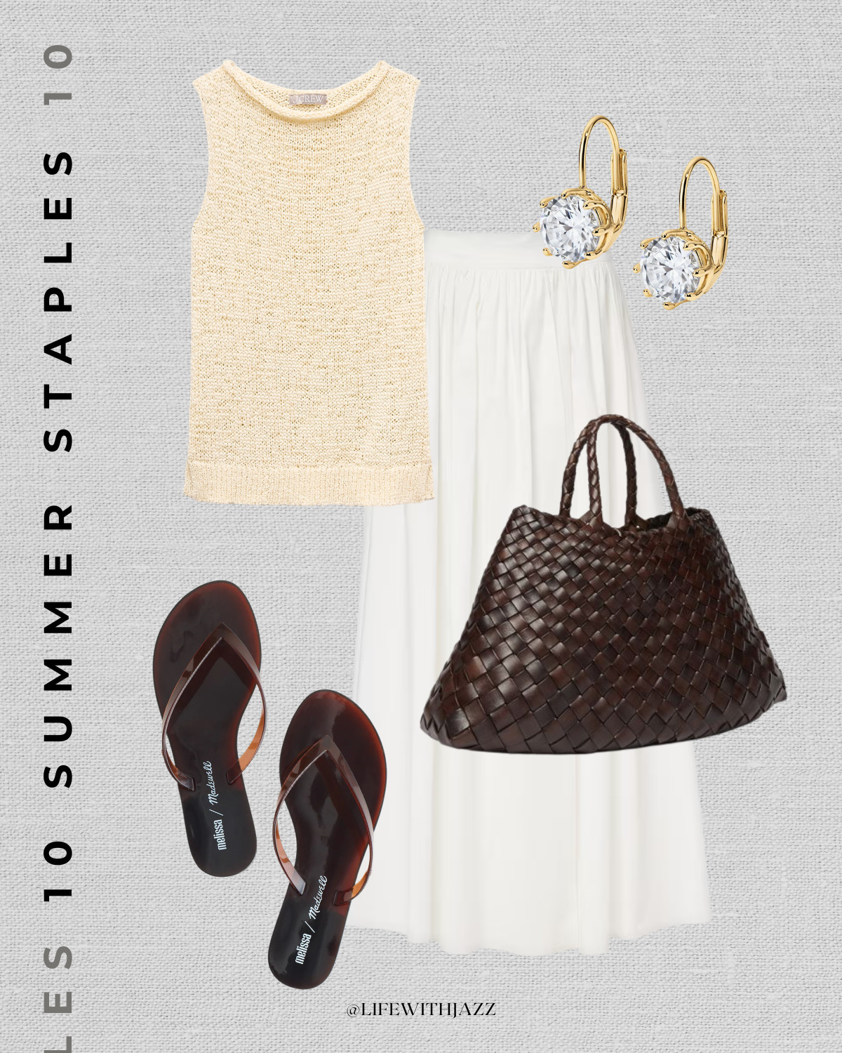 elevated summer outfit 

sweater tank / white skirt / woven tote bag / jelly flags / dressy outfit / lunch outfit

#LTKootd