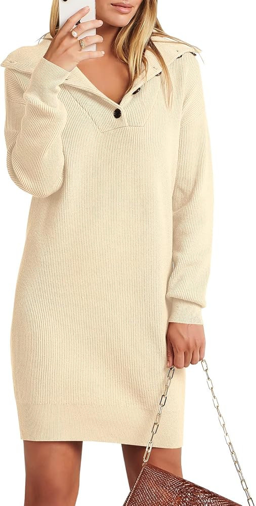 ANRABESS 2022 Fall Winter Women's Long Sleeve Collared V Neck Sweater Dress Button Lapel Casual M... | Amazon (US)