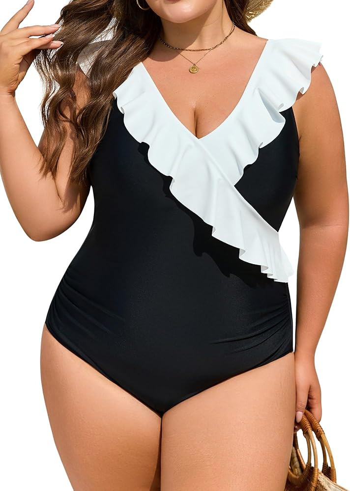 Eomenie One Piece Plus Size Tummy Control Swimsuit for Women Slimming Bathing Suits Ruffle V Neck... | Amazon (US)