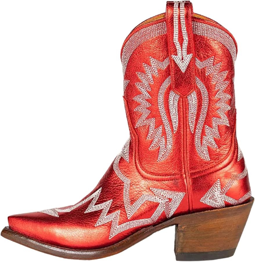 Metallic Embroidered Cowgirl Boots For Women Pointed Toe Western Boots Chunky Heel Pull On Short ... | Amazon (US)