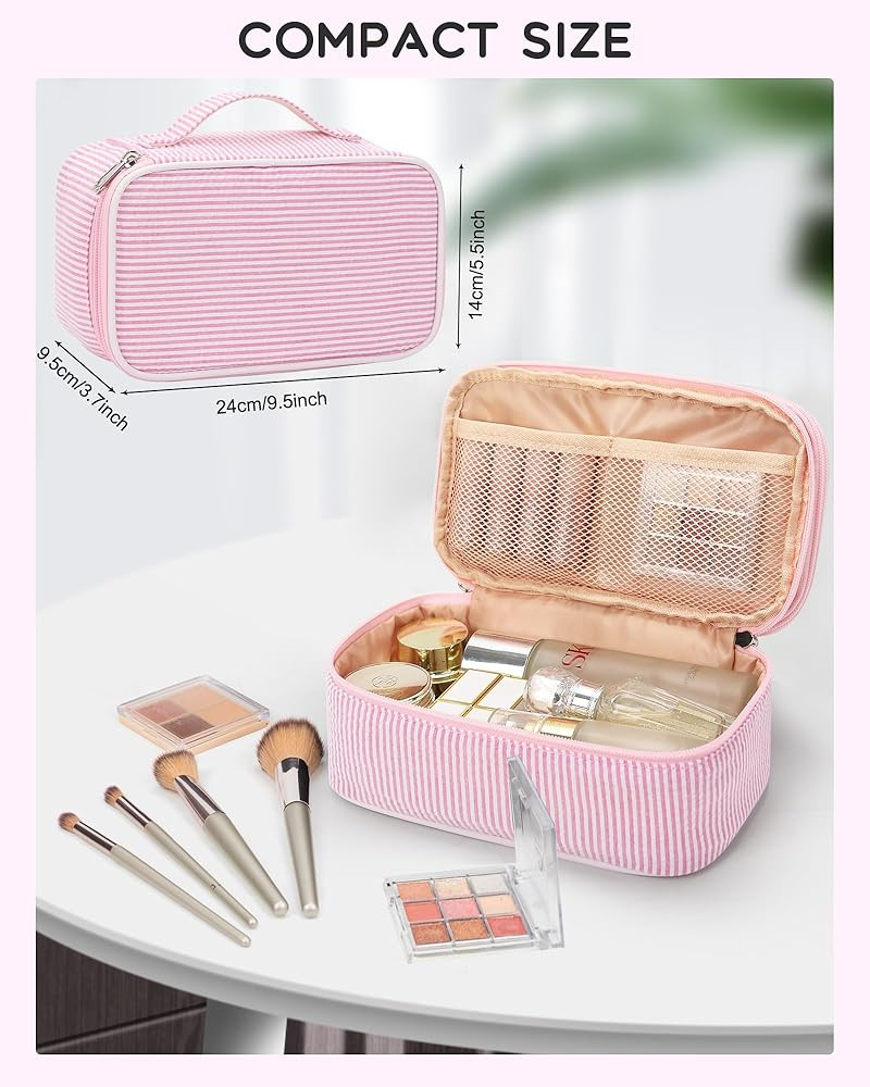 Relavel Cute Makeup Bag for Girls, Portable Pink Cosmetic Bag, Dual-layer Makeup Pouch with Brush... | Amazon (US)