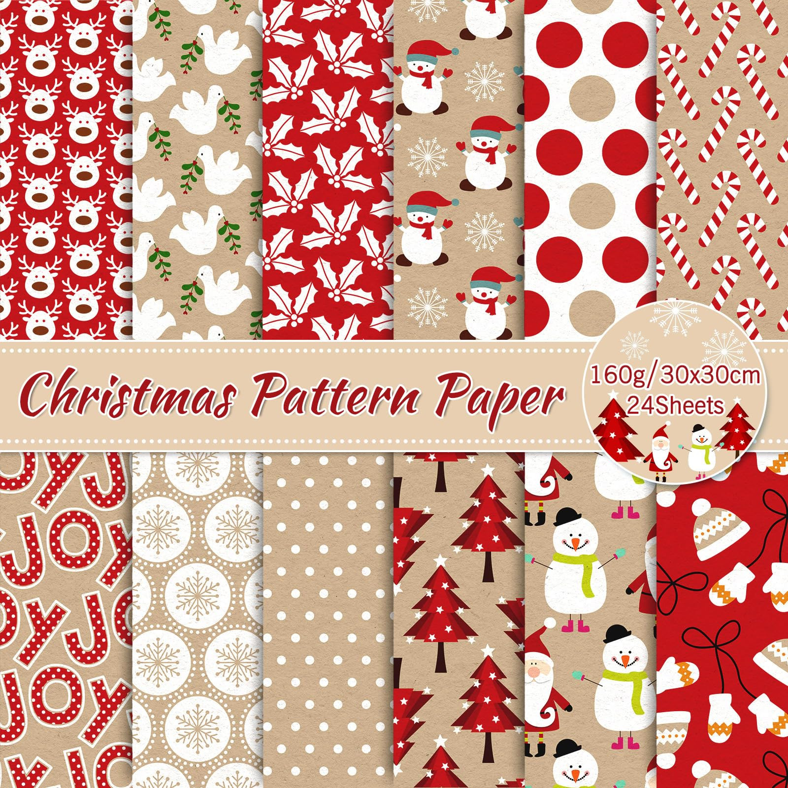 Whaline 24 Pack Christmas Pattern Paper 30x30cm Red Cute Santa Reindeer Snowman Scrapbook Paper D... | Amazon (US)