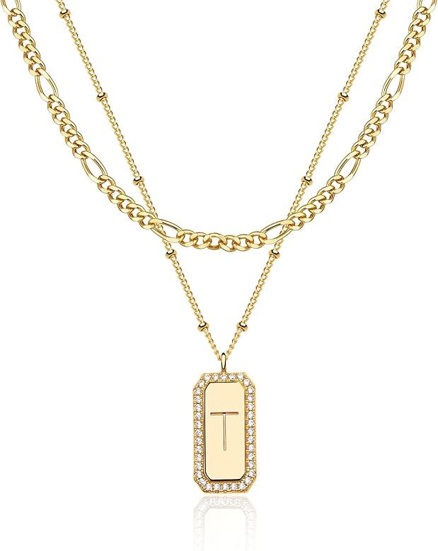 TONTMY STUDIOS Necklace for Women Gold Figaro Chain Choker Layered Set Initial Bar Rectangle Pend... | Amazon (US)