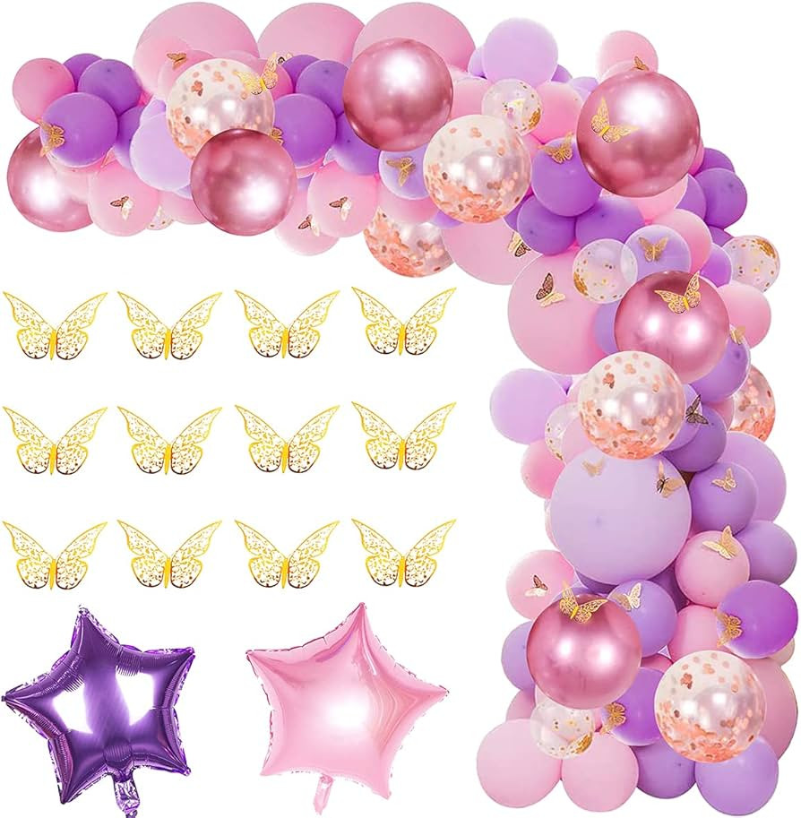 126 Pcs Butterfly Pink and Purple Balloon Garland Kit, Butterfly Theme Balloon Arch with Gold But... | Amazon (US)