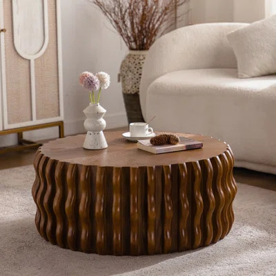 Drum Fluted Modern Round Coffee Table With Sturdy Pedestal, Ideal For Bedroom, Apartment, Living Room, And Farmhouse Decor | Wayfair North America