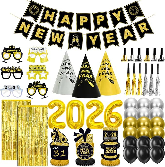 New Years Eve Party Supplies 2026 for 12, New Years Eve Party Decorations, 6 Hat, 6 Glasses, 12 b... | Amazon (US)