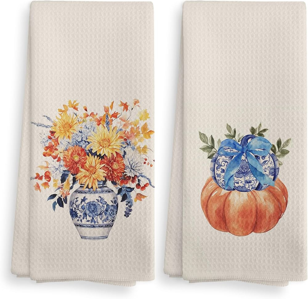 Chinoiserie Fall Pumpkin Kitchen Towels Set of 2, Fall Dish Towels, Chinoiserie Floral Vase Hand ... | Amazon (US)