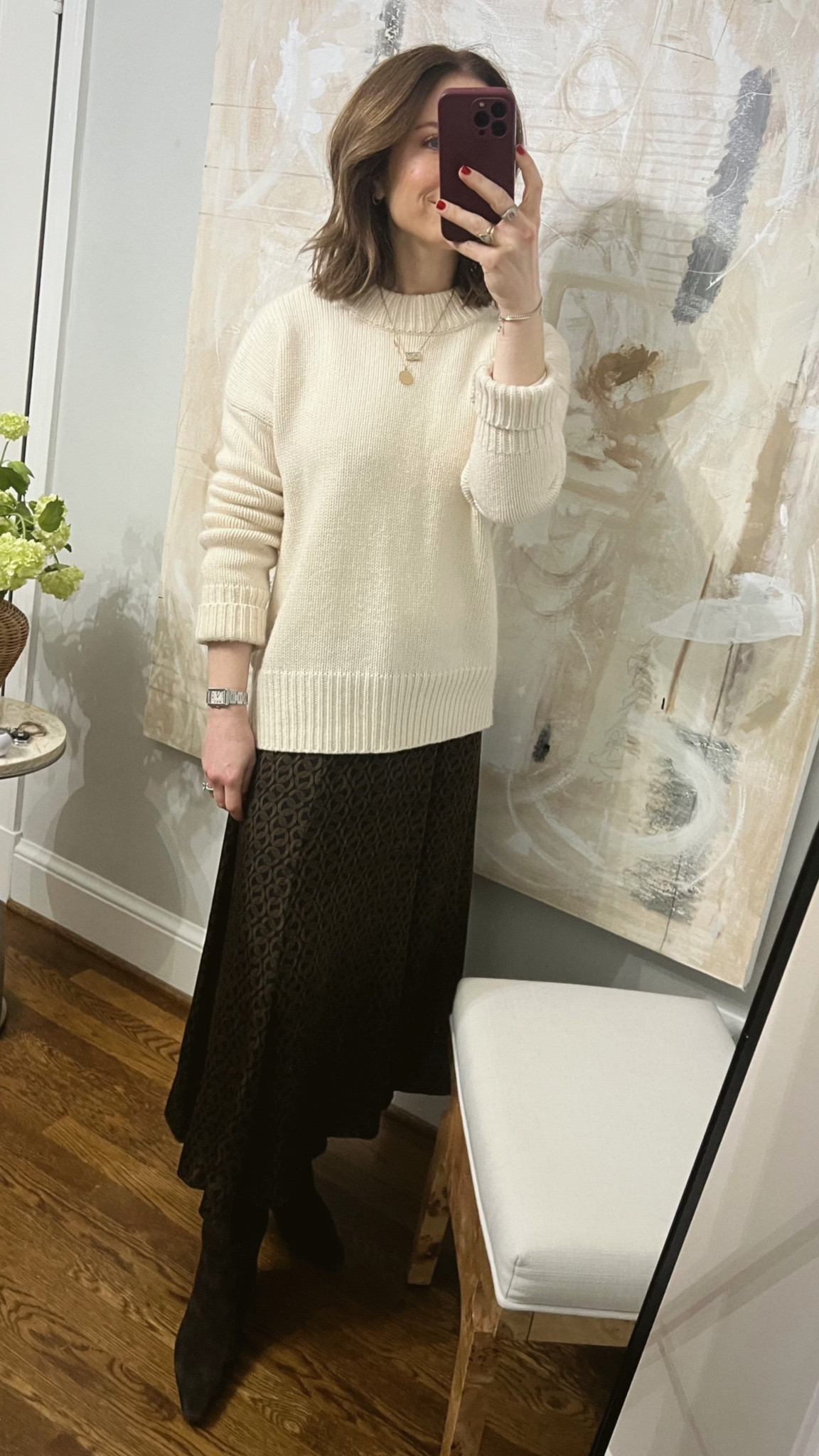 Ivory Marin sweater from La Ligne 
Wearing size XS. Took my normal size, Fits generously but not super oversized. 
Skirt is old 
Boots are Sam Edelman chocolate suede but sold out 

#LTKstyletip