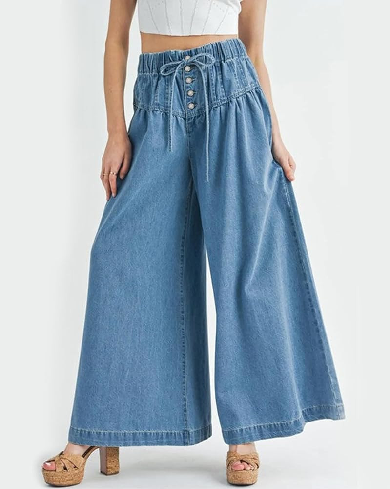 Drawstring Wide Leg Jeans for Women High Waist Elastic Waisted Baggy Y2K Pants Trendy Flare Jeans | Amazon (US)