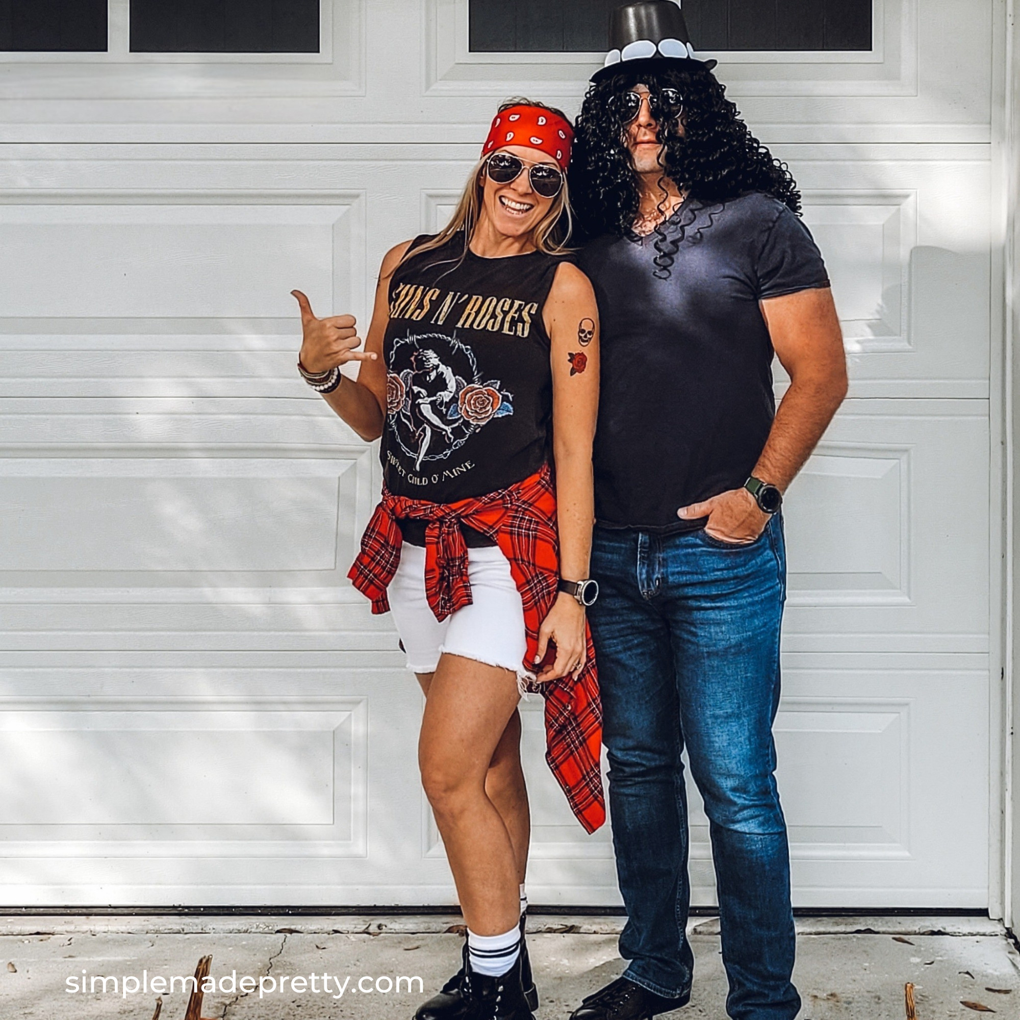 🎸✨ The Guns & Roses couples costume that’s breaking the internet 🤘 My hubby and I dressed up as Axl + Slash a few Halloweens back using mostly items we already owned — plus a few easy accessories: a bandana, temporary tattoos, and a craft store hat with cardstock to nail Slash’s look 🖤🎩.

It was such a fun (and budget-friendly!) costume idea! Find more couples costume inspo on my blog https://simplemadepretty.com/halloween-couples-costumes/ and shop the look here ➝ 🛒

#CouplesCostume #HalloweenInspo #GunsAndRosesCostume #DIYHalloween #LTKseasonal 

 #LTKHalloween #LTKSeasonal #LTKOver40