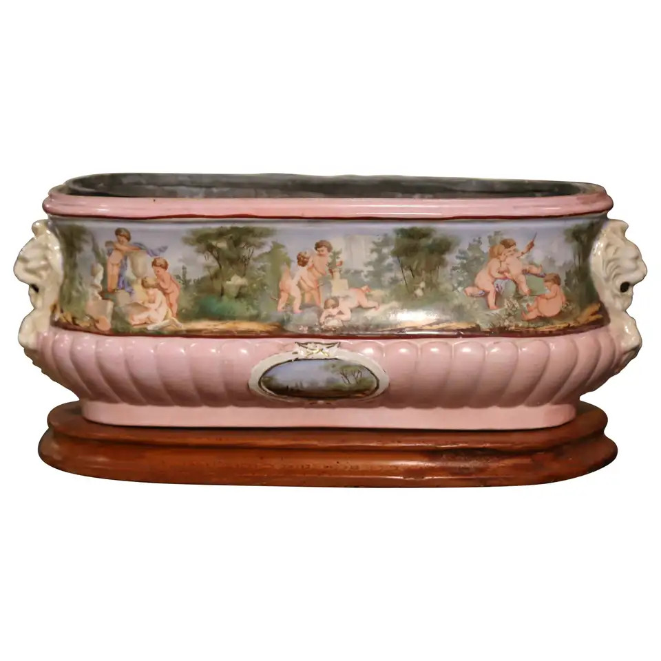 19th Century French Hand Painted Faience Jardinière on Wood Base with Zinc Tray | 1stDibs