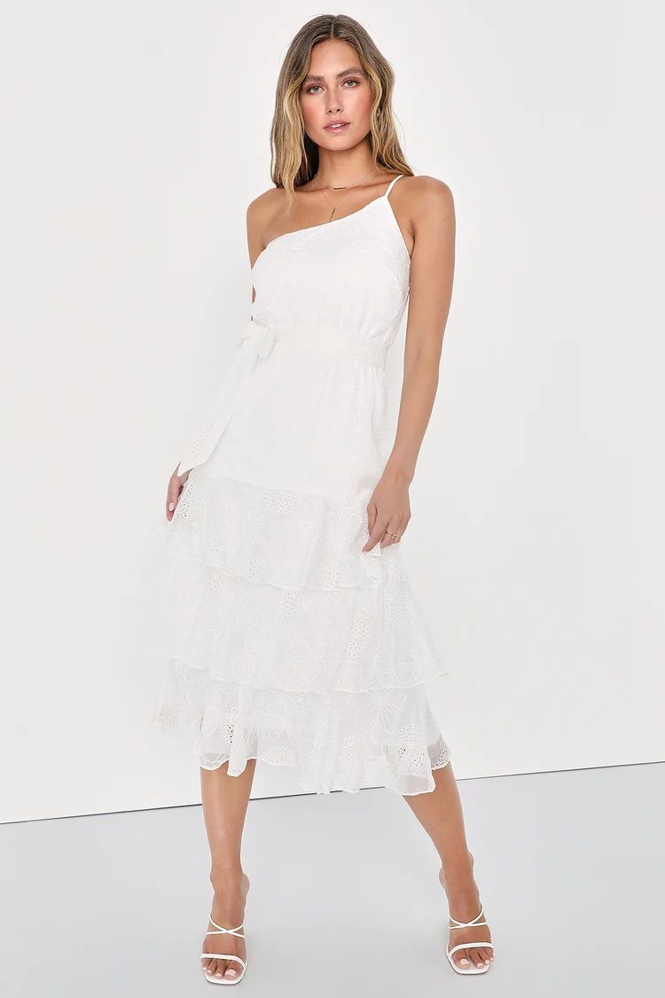 Gorgeous Impression White Embroidered One-Shoulder Midi Dress | Lulus